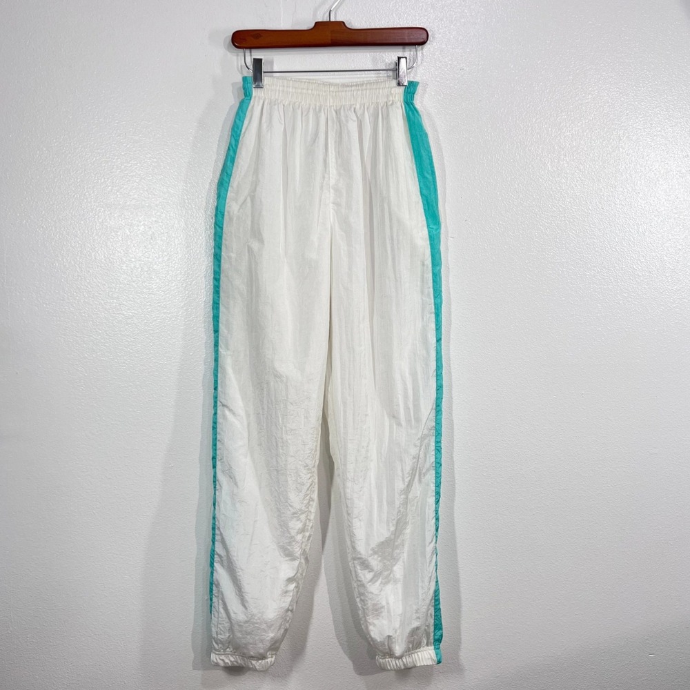 Casual Isle Vintage 80s 90s Track Pants Women's Small White Teal Nylon Windpants